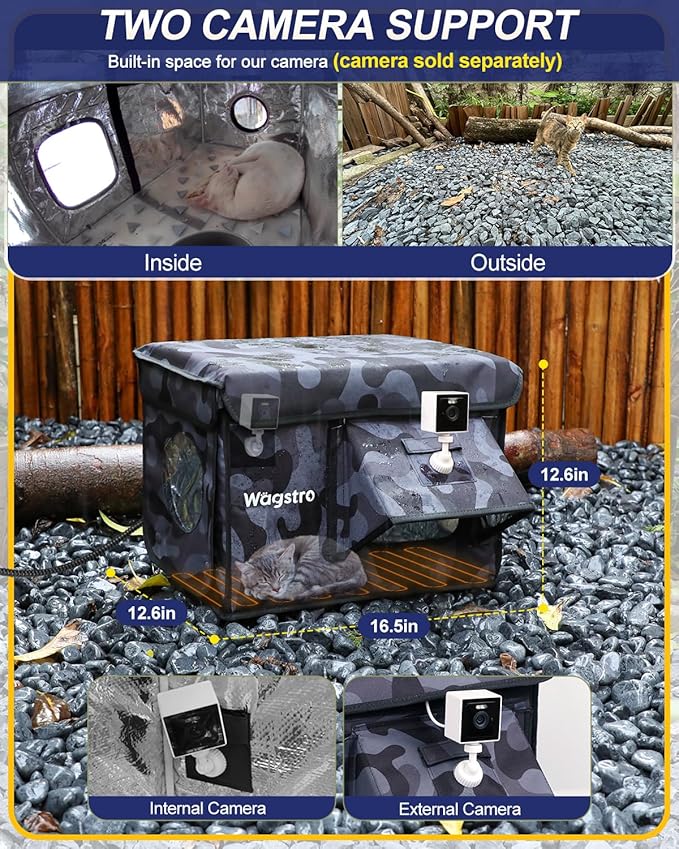 Heated Cat House for Outside, Waterproof Awning & Escape Door Heated Cat Houses for Indoor/Outdoor Cats in Winter, Elevated & Insulated Outdoor Cat Shelter for Feral Cat(Black Camo, 16.5"x12.6"x13")