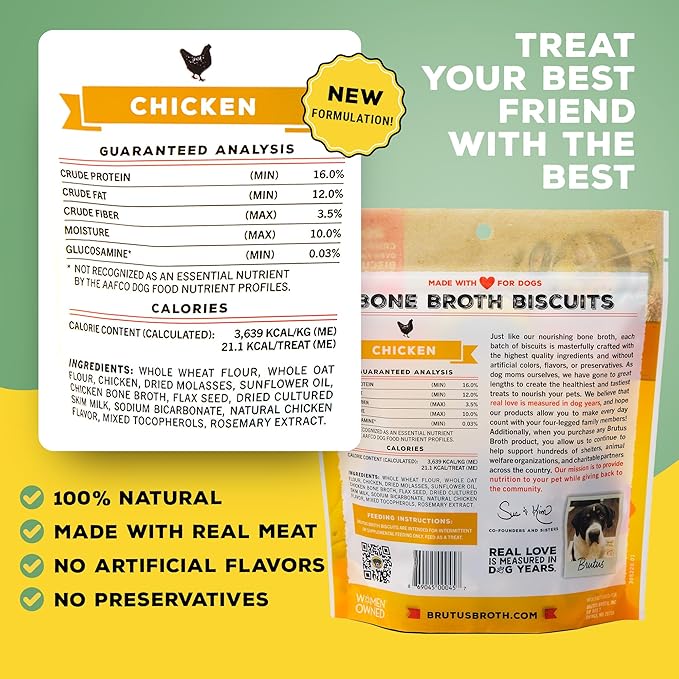 Brutus Bone Broth Biscuits (Chicken) - Healthy Dog Treats - Natural Biscuits with Dog Bone Broth and Real Chicken Meat - 18 Grams of Protein - 8 OZ (Pack of 2)