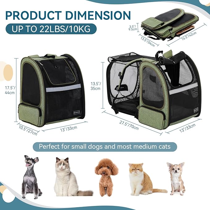 Petsfit Cat Backpack Carrier,Dog Carrier Backpacks Expandable with Great Ventilation Foldable Puppy Backpack Carrier for Travel, Hiking,Green