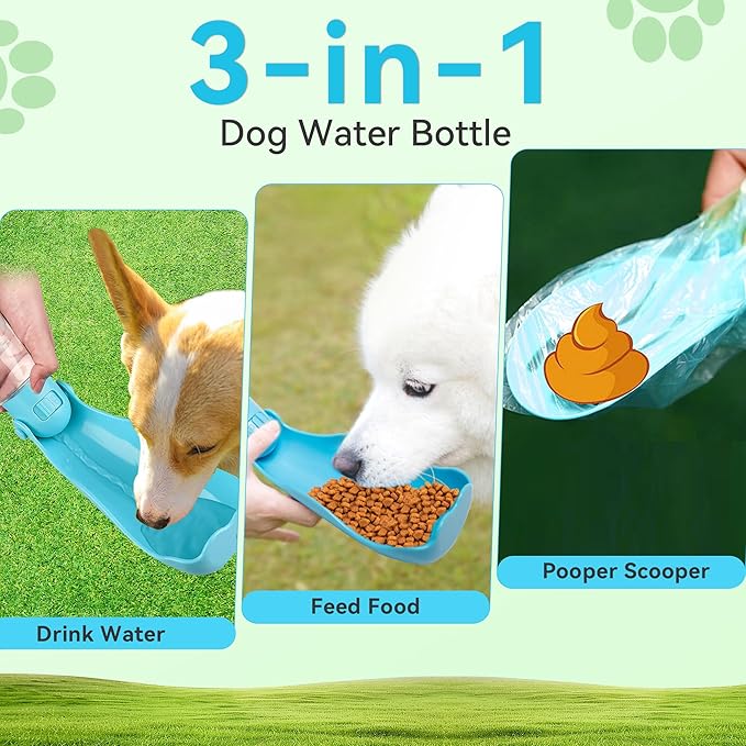 UPSKY Dog Water Bottle | Portable & Foldable Dog Water Bottle | 3-in-1 Portable Pet Water Dispenser with Food Container & Poop Scooper for Outdoor Walking, Hiking & Travel,14.2oz(Blue)