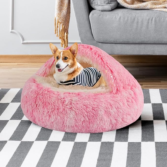 Round Hooded Cat Bed & Dog Bed with Cover Cave, Dog Bed for Small Dogs, Faux Fur Cuddler Round Coved Cat Bed Self Warming Donut Dog Bed Fits up to 12 lbs Pets (Pink, 20inch x 20inch)
