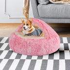 Round Hooded Cat Bed & Dog Bed with Cover Cave, Dog Bed for Small Dogs, Faux Fur Cuddler Round Coved Cat Bed Self Warming Donut Dog Bed Fits up to 12 lbs Pets (Pink, 20inch x 20inch)