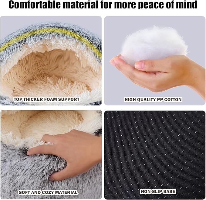Calming Dog Beds & Cat Cave Bed with Hooded Cover,Washable Round Beds for Small Medium Pets,Anti-Slip Faux Fur Fluffy Coved Bed,Comfortable Warming Pet Bed (16 * 16inch,Grey)