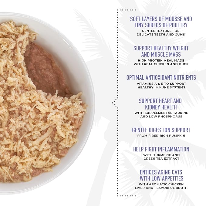 Tiki Cat Silver Comfort Mousse + Shreds, Chicken & Duck and Duck Liver, Immune System Support Formulated for Older Cats Aged 11+, Senior Wet Cat Food, 2.4 oz Cans (Pack of 12)