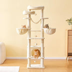 66-Inch Tall Cat Tree for Indoor Cats, Multi-Level Large Cat Tower with 3 Hammocks, 2 Padded Perches, cat Tree Tower with Scratching Post and Hanging Toys for Large Adult, Beige