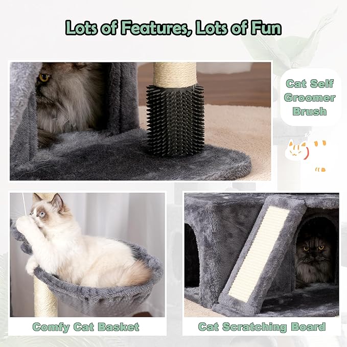 Cat Tree for Indoor Cats Large Adult, Heavy Duty Cat Tower for Big Cats, Cat Tree House with Self Groomer Brush, Big Padded Top Perch, Scratching Post, Hammock, Smoky Gray GCT012G