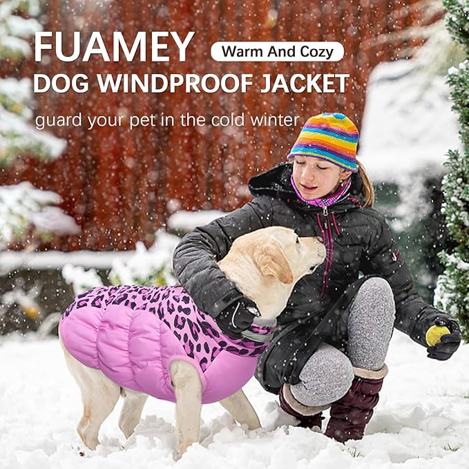 FUAMEY Dog Coat for Large Dogs,Waterproof Dog Winter Jacket with Harness Built in Puppy Cold Weather Coats Reflective Pet Vest with Zipper Warm Fleece Dogs Snowsuit Windproof Pink Leopard XXL