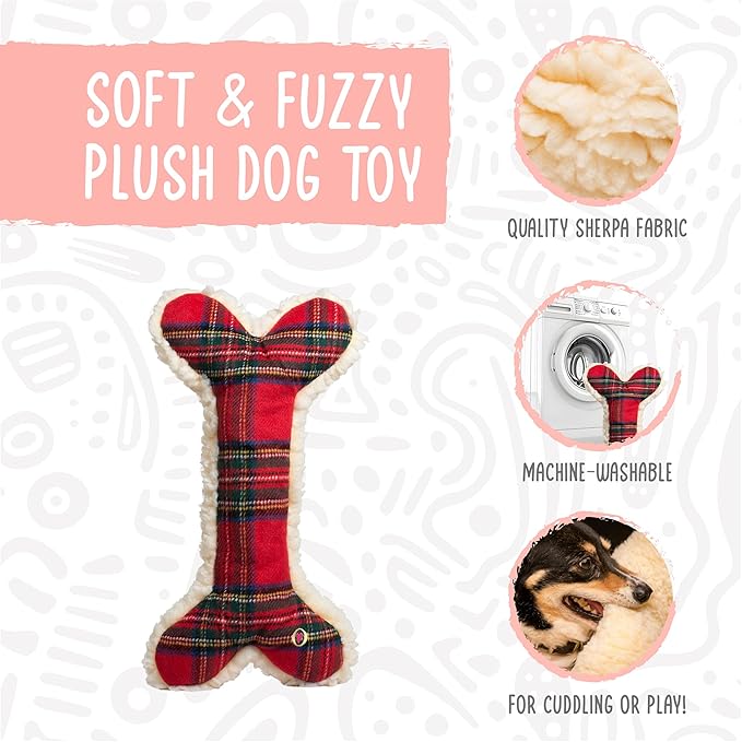HuggleHounds Tartan Tidings Plush Bone Dog Toy - Dog Fuzzy Bone Toy, Soft Fleece, Durable, Stuffed Plush for Large Breeds, Puppies, Faux Sheepskin - 12" (1 Pack)