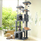 69-Inch Tall Cat Tree with Huge Condos, Multi-Functional Cat Tower with Top Perches, Scratching Posts, Pompoms, for Climbing, Lounging and Playing (Grey)