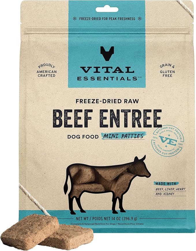 Vital Essentials Freeze Dried Raw Dog Food, Beef Mini Patties Entree, 14 oz