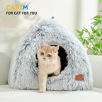 CATISM Cat Bed, Cat Cave for Indoor Cats, Soft Cat Dome, Self-Warming 2 in 1 Foldable Pet Cat House with Washable Cushioned Pillow Calming Fluffy Dog Beds for Small Dogs with Anti-Slip Bottom Gray