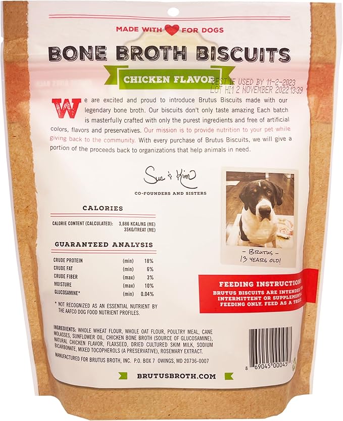 Brutus Bone Broth Biscuits (Chicken) - Healthy Dog Treats - Natural Dog Biscuits with Bone Broth and Real Chicken Meat - 18 Grams of Protein - 8 OZ (Pack of 6)