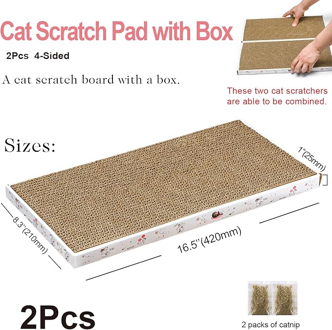 Cat Scratcher Cardboard with Box Durable Corrugate Scratching Kitty Sofa Lounge Bed Reversible Catnip Included for Indoor Cats, Scratching Pad, Can be Assembled, Double-Sided Design, Large (Box,2pcs)