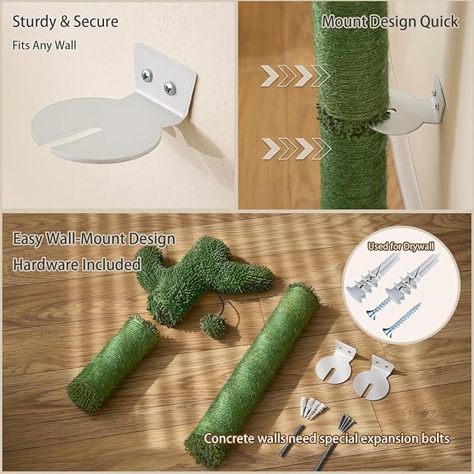 35" Extra-Tall Wall Mounted Cat Scratcher – Vertical Sisal Scratching Post for Large Cats, Space-Saving Cat Wall Climber with Self-Grooming Brush & Hanging Ball Toy, Stylish Cactus Design, Green