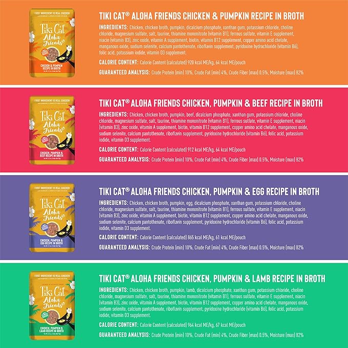 Tiki Cat Aloha Friends Variety Pack, Meaty Flavors Mixed with Pumpkin, Wet, High-Protein & High-Moisture Cat Food, For All Life Stages, 2.5 oz. Pouch (Pack of 12)