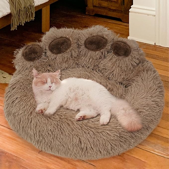 Calming Dog Bed Cat Bed Medium Size Dog - Donut Washable Medium Pet Bed, Warm Kitten Nest 24 inches Anti-Slip Round Fluffy Plush Faux Fur Cat Bed, Fits up to 25 lbs Pets, (Classic Camel)