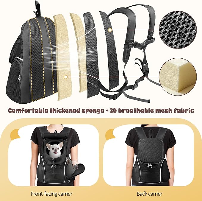 WOYYHO Pet Dog Carrier Backpack with Top and Side Windows, Small Dog Front Backpack Ventilated Dog Back Pack with Safety Belt for Travel Hiking Outdoor Adventures (Size M: 5-9 lbs, All Black 2.0)