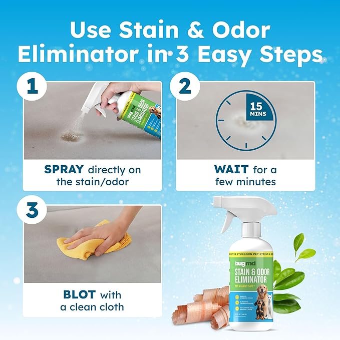 BugMD Enzyme Cleaner for Dog & Cat Urine | Pet Stain and Odor Remover for Carpet & Home | Unscented Urine Destroyer & Deodorizer