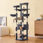 77-Inch Tall Cat Tree for Indoor Cats, Multi-Level Large Cat Tower with 4 Hammocks, 2 Padded Perches, Cat Condo, Sisal Scratching Posts and Hanging Toys for Large Adult Cat, Smoky Grey