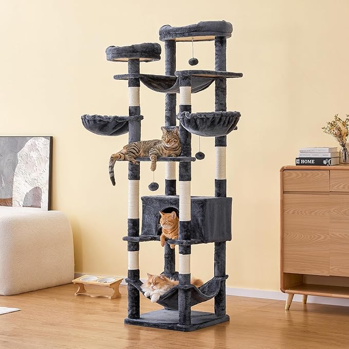 77-Inch Tall Cat Tree for Indoor Cats, Multi-Level Large Cat Tower with 4 Hammocks, 2 Padded Perches, Cat Condo, Sisal Scratching Posts and Hanging Toys for Large Adult Cat, Smoky Grey
