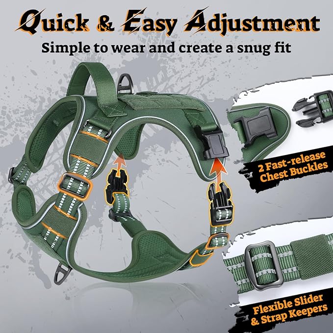 rabbitgoo Dog Harness for Large Dogs No Pull, Tactical Service Pet Vest with Molle and Control Handle, Adjustable and Reflective Military Harness for Easy Walking and Training, Green, XL