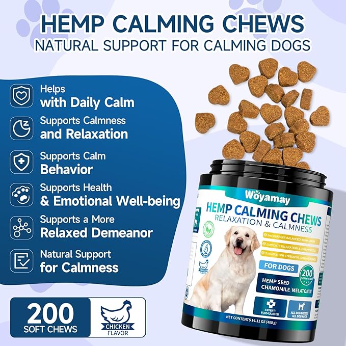 Hemp Calming Chews for Dogs, 200 Treats Dog Calming Chews for Anxiety & Stress Relief, Anxiety Relief Treats for Dogs with Hemp Oil, Melatonin Dog Calm Treats for Stress|Sleep|Separation