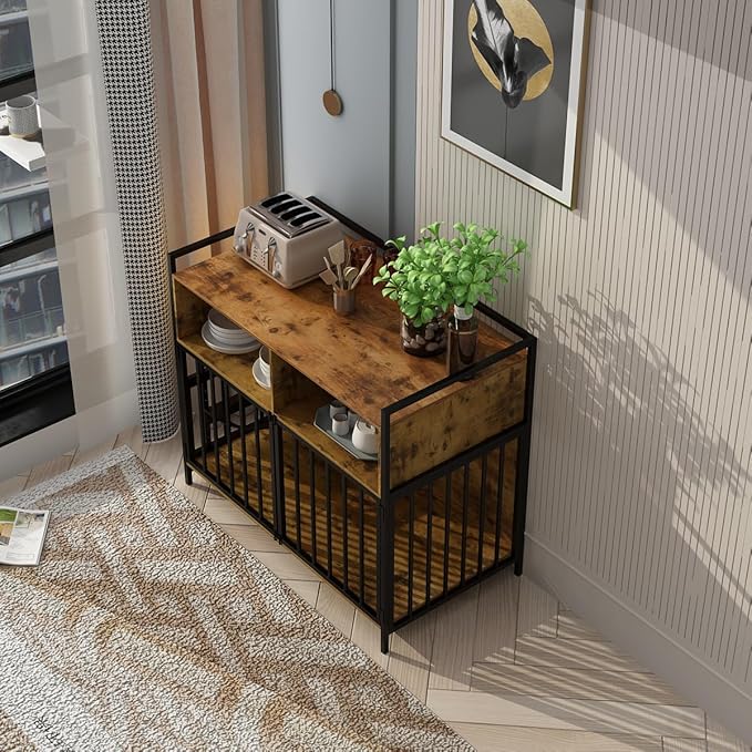 Large Dog Crate Furniture - 48" Vintage Brown Wooden Kennel for Big Dogs, Heavy Duty Chew-Proof Cage with 360° & Adjustable Raised Feeder, Dual Use as End Table or TV Stand