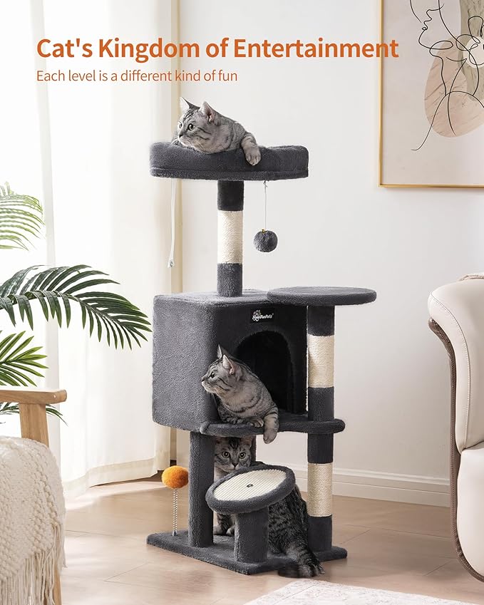 FourFurPets Small Cat Tree, Multi-Level Cat Tree for Indoor Cats, Cat Tower with Scratching Post, Cat Condo for Kittens, Dark Gray