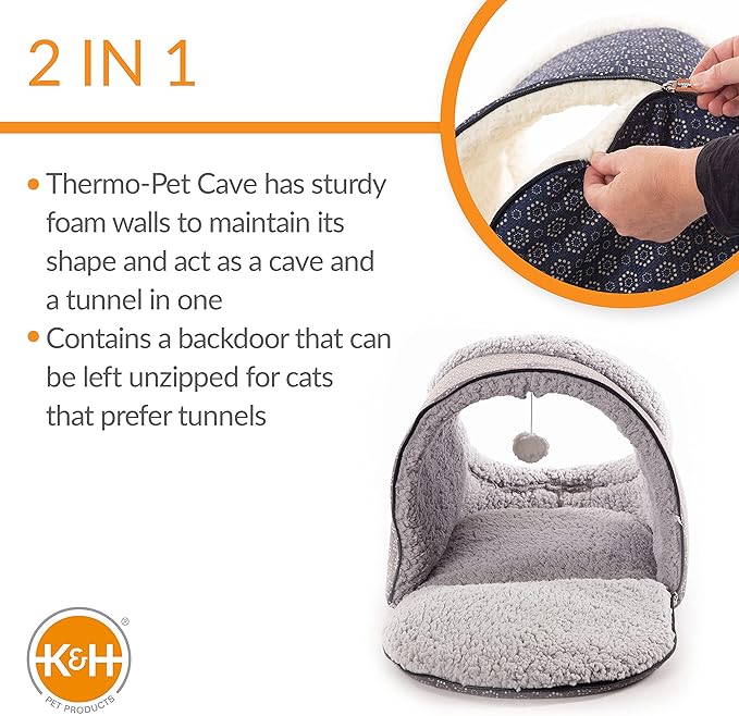 K&H Pet Products Thermo-Pet Cave Heated Cat Bed - Gray/Geo Flower 17 X 15 X 13 Inches