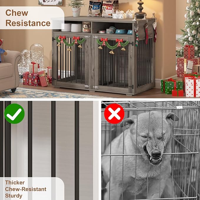 Furniture Dog Crate for Two Dogs, 41 Inch Furniture Style Dog Kennel with Removable Divider and Thickened Desktop, Heavy-Duty Base for Small to Medium Dogs, Grey