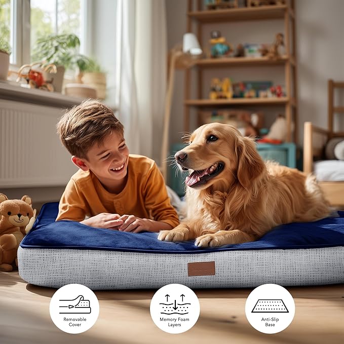 Deconovo Orthopedic Dog Bed for Medium & Large Dogs – Supportive Memory Foam with Washable Cover, Non-Slip Base – Comfort for Senior, Arthritic & Active Pets, Navy Blue, 30" Lx20 Wx3 Th