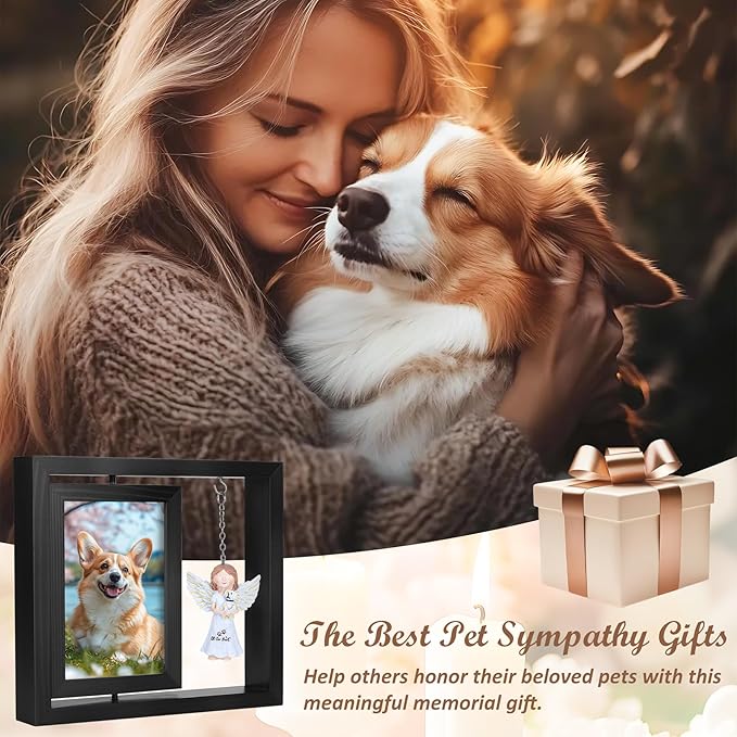 Dog Memorial Gifts for Loss of Dog, Rotating Wooden Picture Frame with Resin Angel Statues for 4x6 Photo, Pet Memorial Gifts for Dog Cat, Pet Loss Sympathy Bereavement Remembrance Keepsake, Black