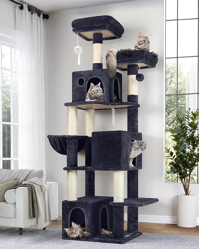 Globlazer Cat Tree Tall, 71 inches Cat Tower for Indoor Adult Cats Multi-Level 3 Condos for Indoor Cats XL Cat Tree Tower with Scratching Posts, Soft Extra Large Hanging Basket, F71, Dark Gray