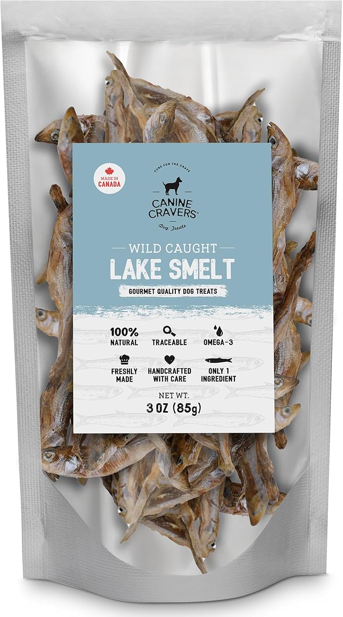 Canine Cravers Single Ingredient Dog Treats – Wild Caught Lake Smelt - Human Grade Air Dried Hypoallergenic Pet Food – Grain, Gluten, and Soy Free – 100% All Natural – 3 oz