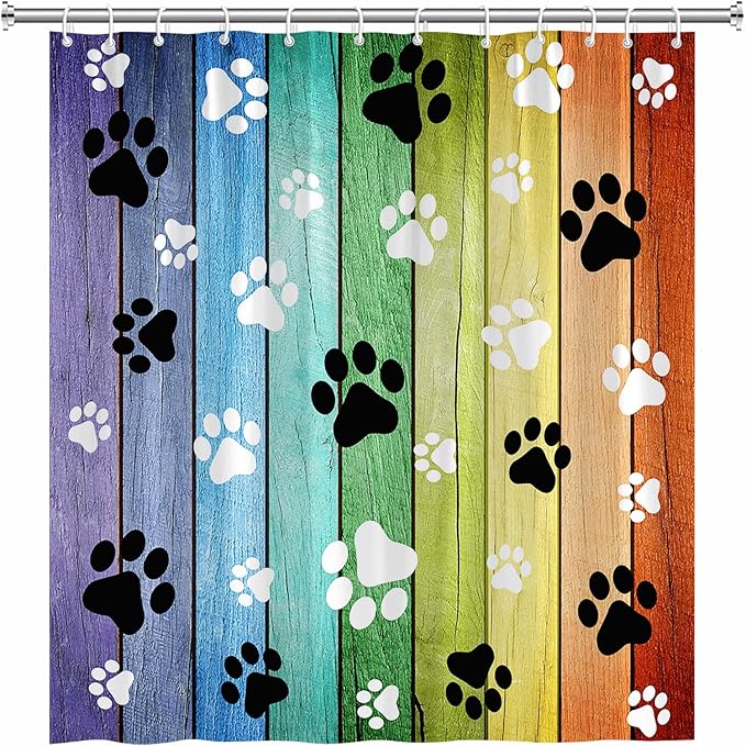 Dog Paws Shower Curtain Rustic Old Barn Wood Board Black White Cute Dogs Cat Pet Paw Abstract Animal Footprint Pattern Print Modern Bath Decor Curtains with Hooks 75Wx70H Inch