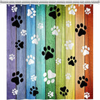 Dog Paws Shower Curtain Rustic Old Barn Wood Board Black White Cute Dogs Cat Pet Paw Abstract Animal Footprint Pattern Print Modern Bath Decor Curtains with Hooks 75Wx70H Inch