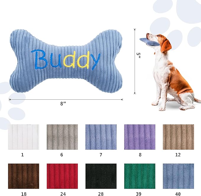 2025 Personalized Squeaky Dog Toys, Embroidered Bone Shape Corduroy Pet Pillow 8"x5"with Name, Dog Chew Puzzle Toy Custom Color Birthday Gifts for Small Medium Dogs