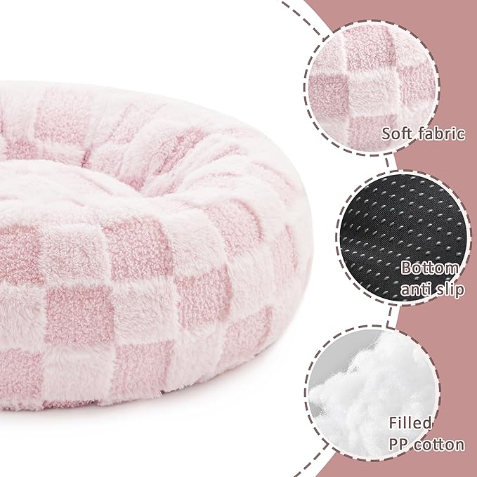 Love's cabin Round Donut Cat and Dog Cushion Bed, 20in Pet Bed for Cats or Small Dogs, Anti-Slip & Water-Resistant Bottom, Super Soft Durable Fabric Pet beds, Washable Luxury Cat & Dog Bed Pink Plaid