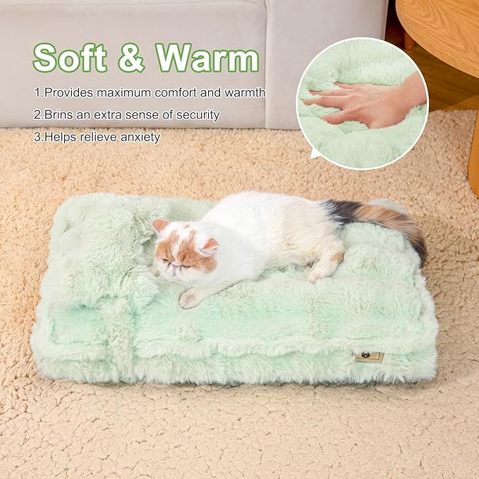 Jiupety Cat Beds for Indoor Cats Calming Pet Beds, Mattress with Pillow for Crate, Anti-Slip Comfy Pet Sleeping Mat. for Cat and Puppies Up to 10 Lbs, S(12"*18"*1.5"), Green.