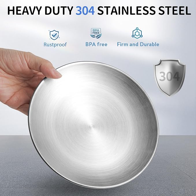 304 Stainless Steel Cat Plates for Wet Food, 6.7" Shallow/Wide Whisker Friendly Cats Food Bowls, Non-Slip Silicone Base,Easy to Clean Indoor Cat Feeding Dishes, 6 Pack