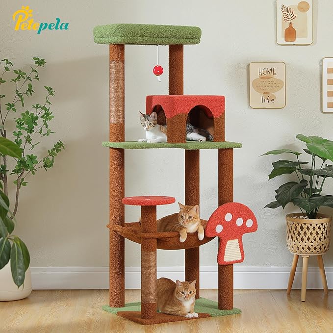 PETEPELA 56.3 Inches Mushroom Cat Tree Tower with Cute Mushroom Cat Scratching Board, Cat Condo, Extra Large Hammock and Plush Perches, Brown