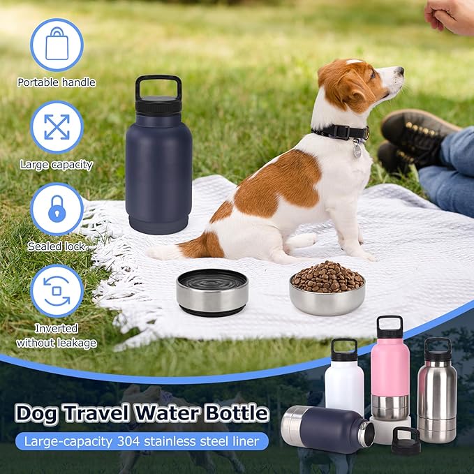Dog Water Bottle, 3 in 1 Portable Insulated Pet Travel Water Bottle with 2 Detachable Water Bowl, Stainless Steel Travel Water Bottles for Dogs, 6-12H Insulation Dogs Travels Food and Water Container