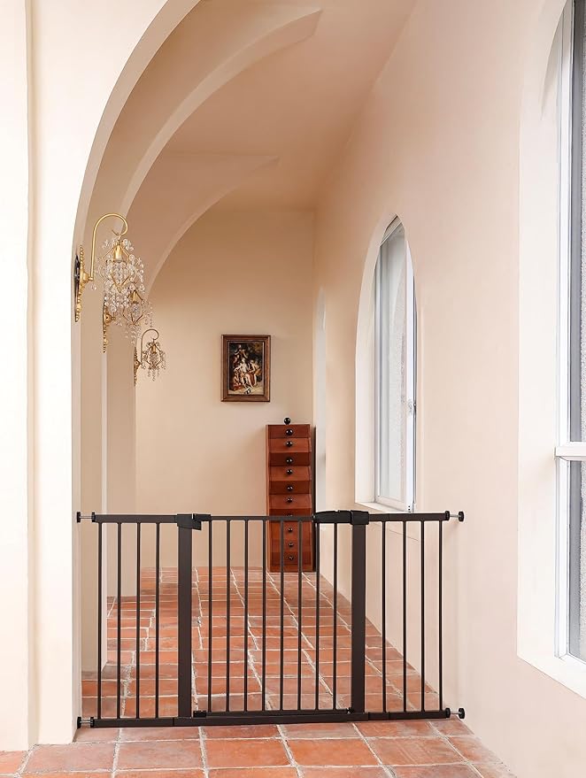 29"-57" Baby and Pet Safety Gate, 30" Tall Metal Walk-Thru Gate for Doorways & Stairs, Easy One-Hand Open, Dual Lock, Extensions & Wall Mounts Included (Brown, 29"-57" W x 30.5“H)