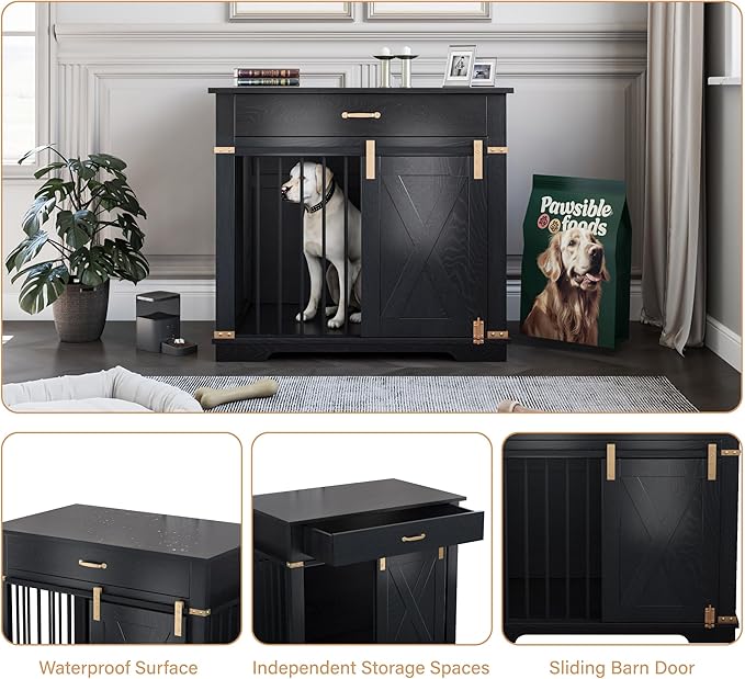 37.8'' Dog Crate Furniture with Storage Drawer, Decorative Wooden Dog Kennel with Sliding Barn Door, Indoor Water Resistant Cage for Pet, Small, Medium, Large Dog (Black Gold Oak)