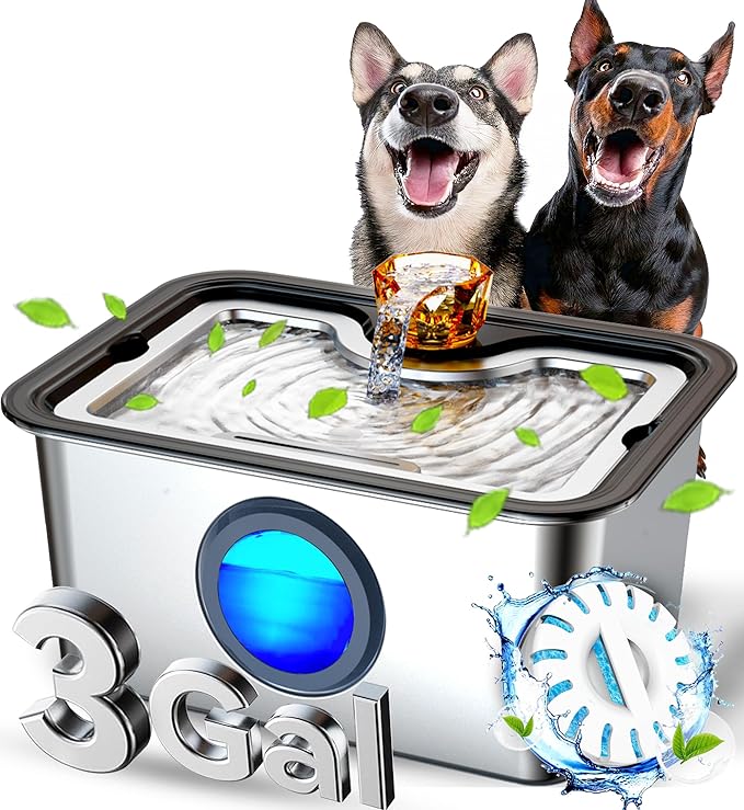 12L Large Ultra-Purification Dog Water Fountain SS304,Dog Drinking Bowl Dispenser with Visual Window,Widely Drinking Area,Triple Waterfall Structures,Deep Purification Filter,Low Water Indicator
