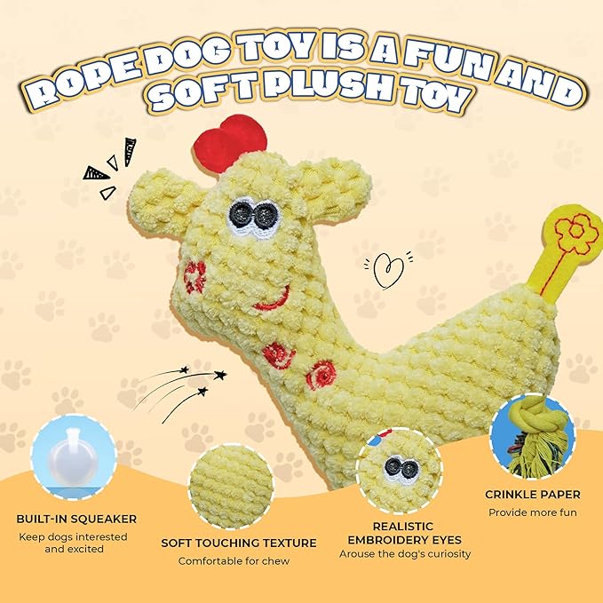 Squeak Plush Dog Toys for Small & Medium Breeds, Chew Resistant Rope to Keep Them Busy for Puppy Teething Chewing, Interactive Indoor/Outdoor Play, Best Pet Gift, Yellow Deer