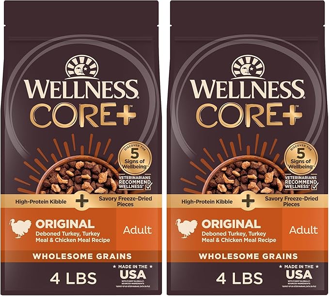 Wellness CORE+ Dry Dog Food with Wholesome Grains, Natural Ingredients, Made in USA with Real Freeze-Dried Meat (Adult, Turkey, 4 lbs) (Pack of 2)