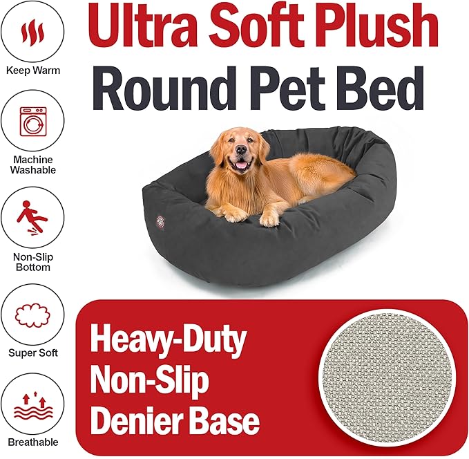 Majestic Pet 40 Inch Suede Shredded Memory Foam Mix Calming Large Dog Bed Washable 40 x 29 x 9 (Inch) - Cozy Soft Round Donut Dog Bed with Spine for Head Support - Pet Bed Gray