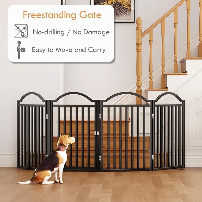 UDD Metal Folding Dog Gate Indoor 96" Extra Wide, 32" Tall Foldable Pet Gate with Door for Stairs Doorways Hallways Porch, Freestanding No Drilling Pet Fence for Dogs Puppy, Black 4-Panel