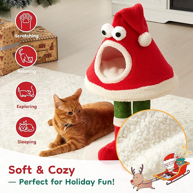 Christmas Cat Tree Tower for Indoor Cats Cute Santa Hat Design with Scratching Posts & Cozy Cat Bed, Small to Large Cat Tower, Red